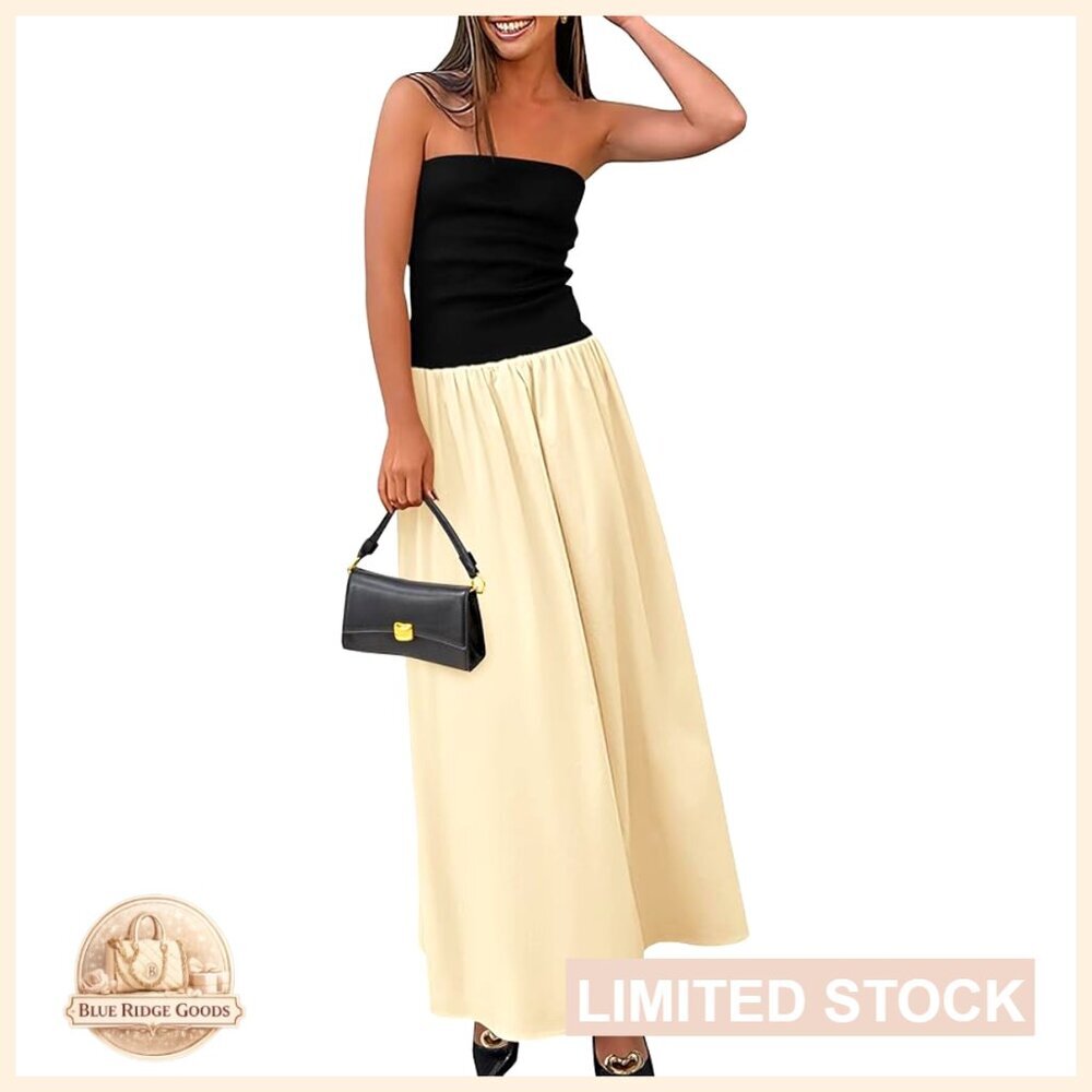 Strapless Maxi Dress Elegant Patchwork Flowy Pockets Summer Tube Top